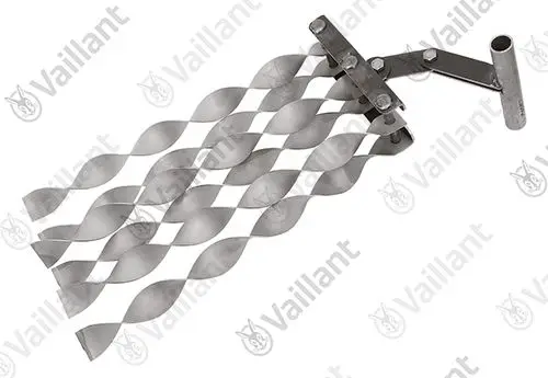Edelstahl-Turbulator von Vaillant mit gewellter Struktur, geeignet zur Verwendung in Heizsystemen. Halterung und Griff zur einfachen Montage erkennbar.